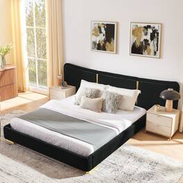 Whisen - Upholstered Platform Bed,Soft Chenille Fabric Frame with Curved Headboard & Metal Legs - Black