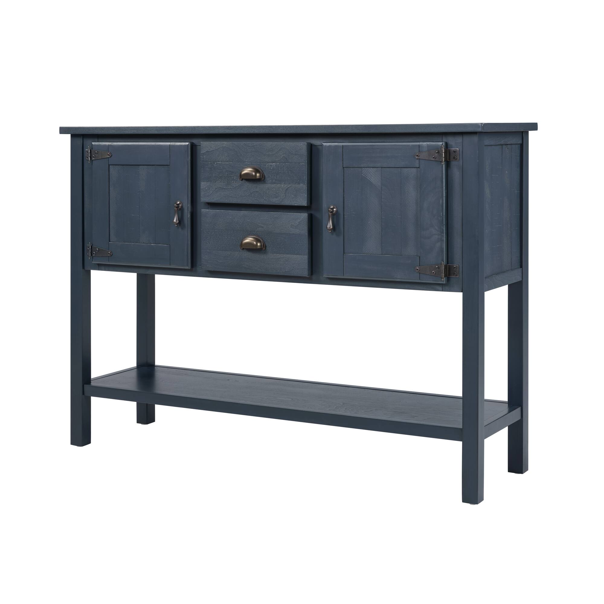 Back. Whisen - 46" Retro Console Table, Pine Wood Veneer Buffet Sideboard with 2 Drawers, Cabinets & Bottom Shelf - Navy Blue.