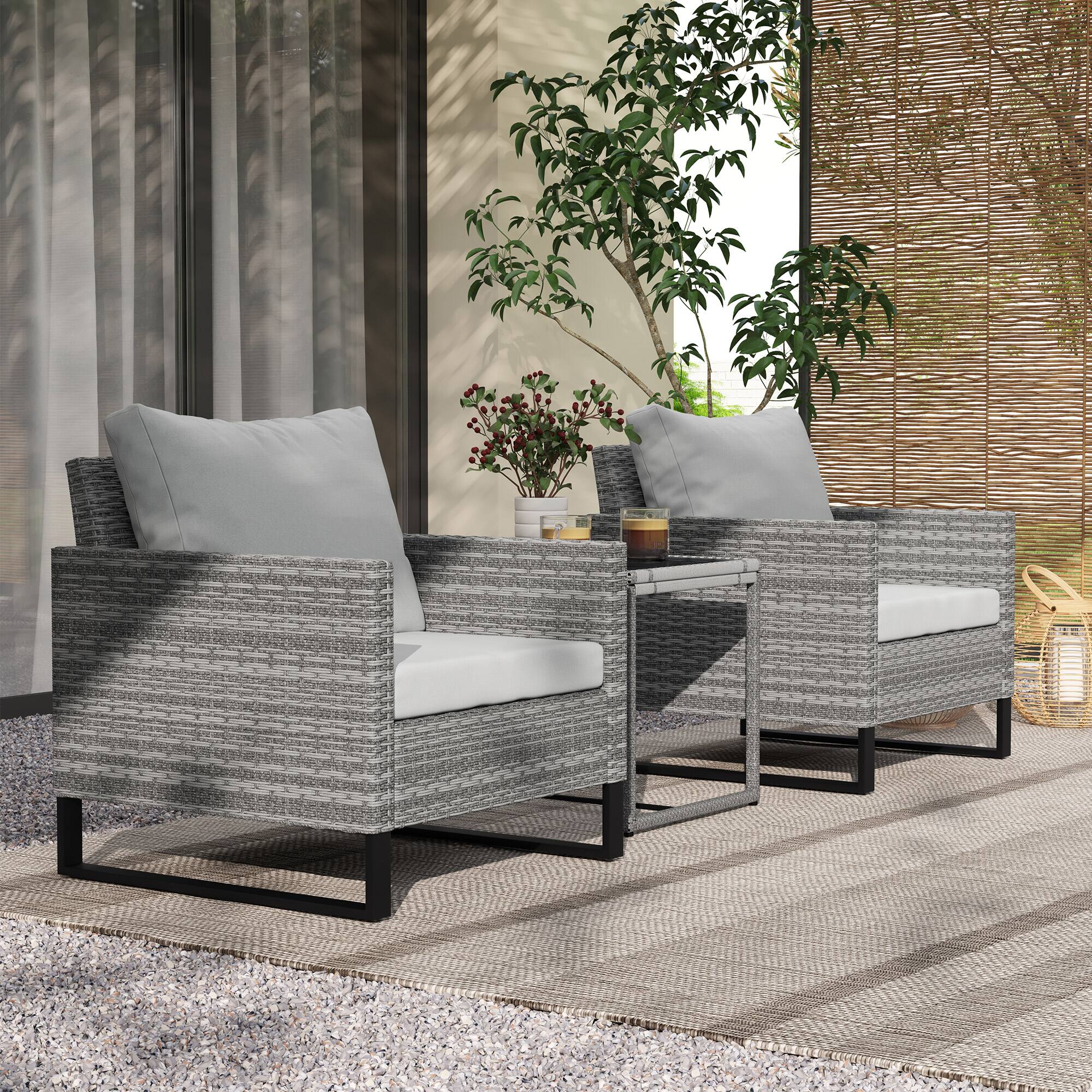 Alt View 1. Outsunny - Patio Set, Wicker Bistro Set with Cushions, Rattan Chairs, Glass Coffee Table for Backyard, Porch - Light Gray.