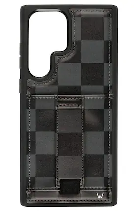 Front. Walli Cases - Midnight Check Phone Case with Wallet and Finger Strap for Samsung S25 Plus - Midnight Check.