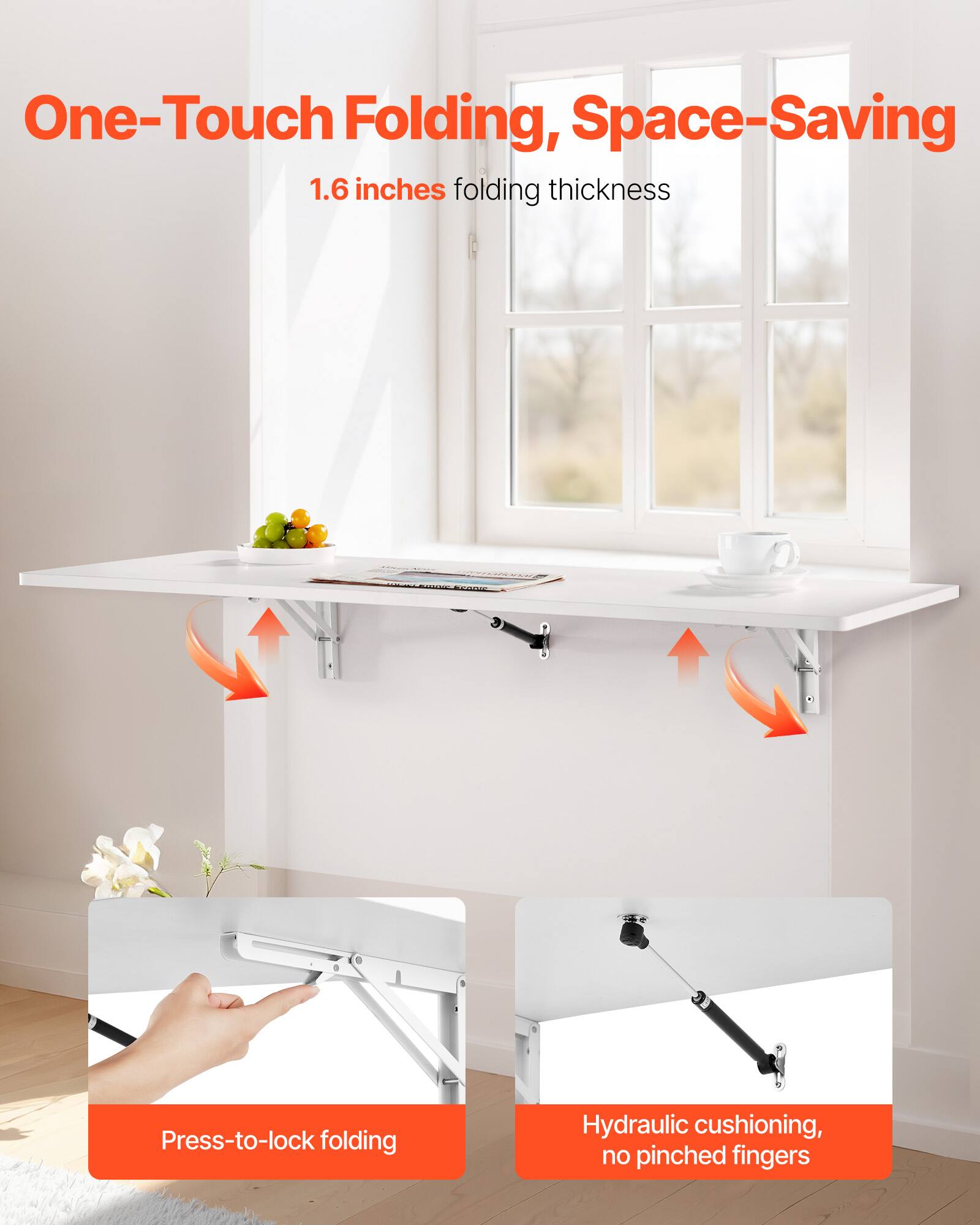 One-Touch Folding, Space-Saving  
1.6 inches folding thickness  

Press-to-lock folding  

Hydraulic cushioning, no pinched fingers