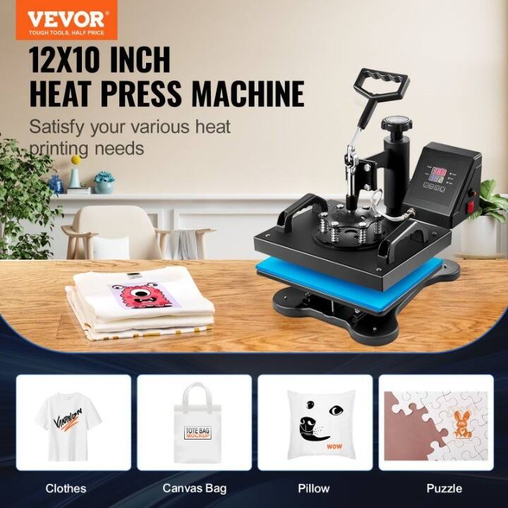 VEVOR  
TOUGH TOOLS, HALF PRICE  

12X10 INCH HEAT PRESS MACHINE  

Satisfy your various heat printing needs  

Clothes  
Canvas Bag  
Pillow  
Puzzle