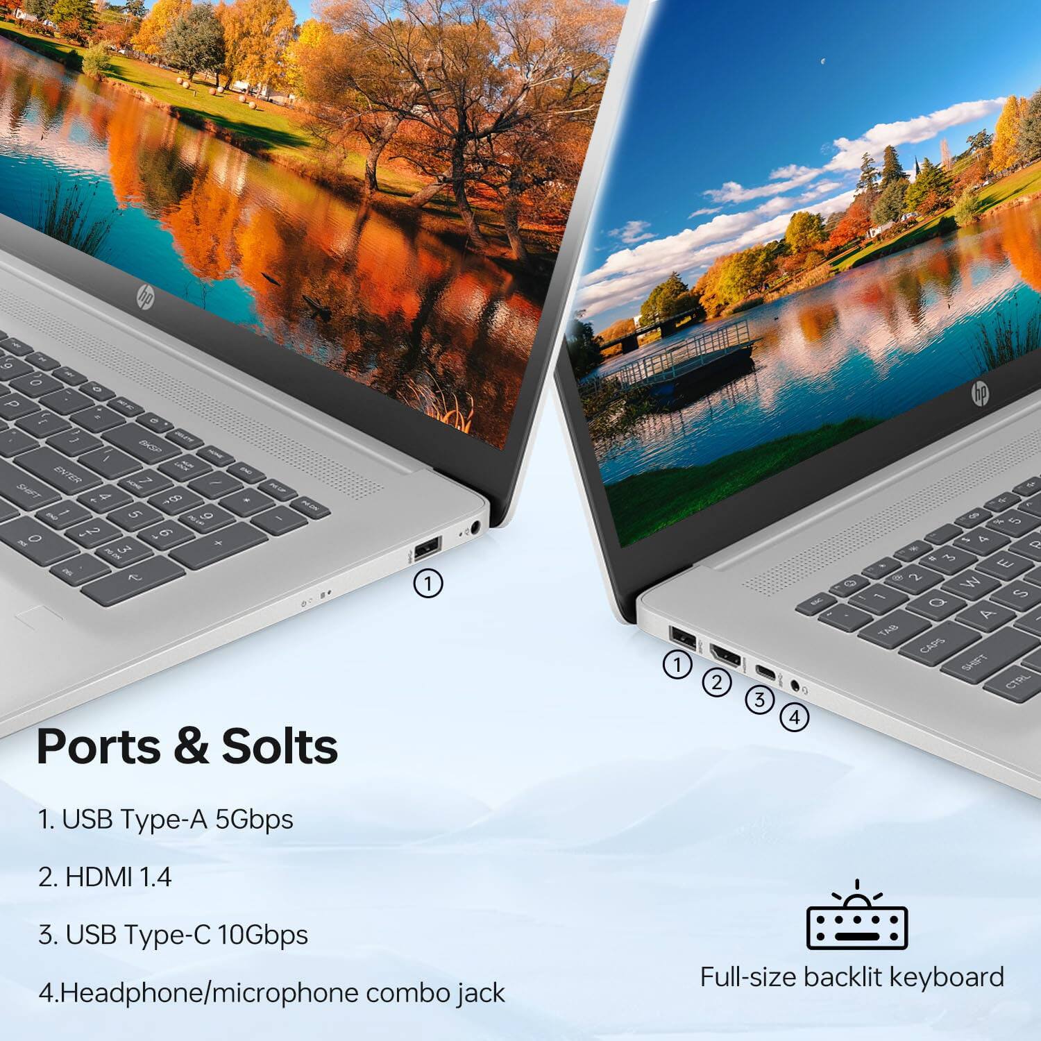 Ports & Sockets

1. USB Type-A 5Gbps
2. HDMI 1.4
3. USB Type-C 10Gbps
4. Headphone/microphone combo jack

Full-size backlit keyboard