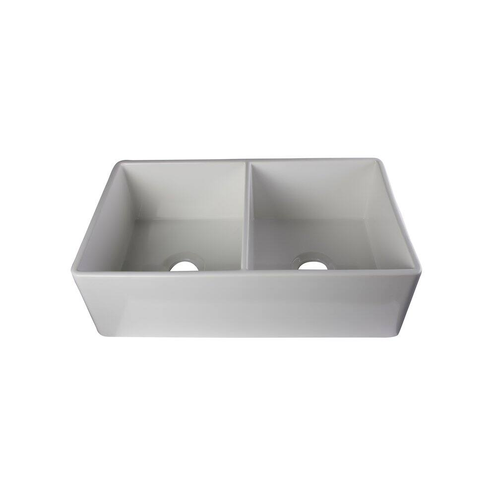 Front. Alfi - ALFI brand White 32 Smooth Apron Double Bowl Fireclay Farmhouse Kitchen Sink - White.