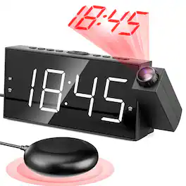 Dazzed Corner - Projection Alarm Clock with Bed Shaker, Dual Alarms - White Digits