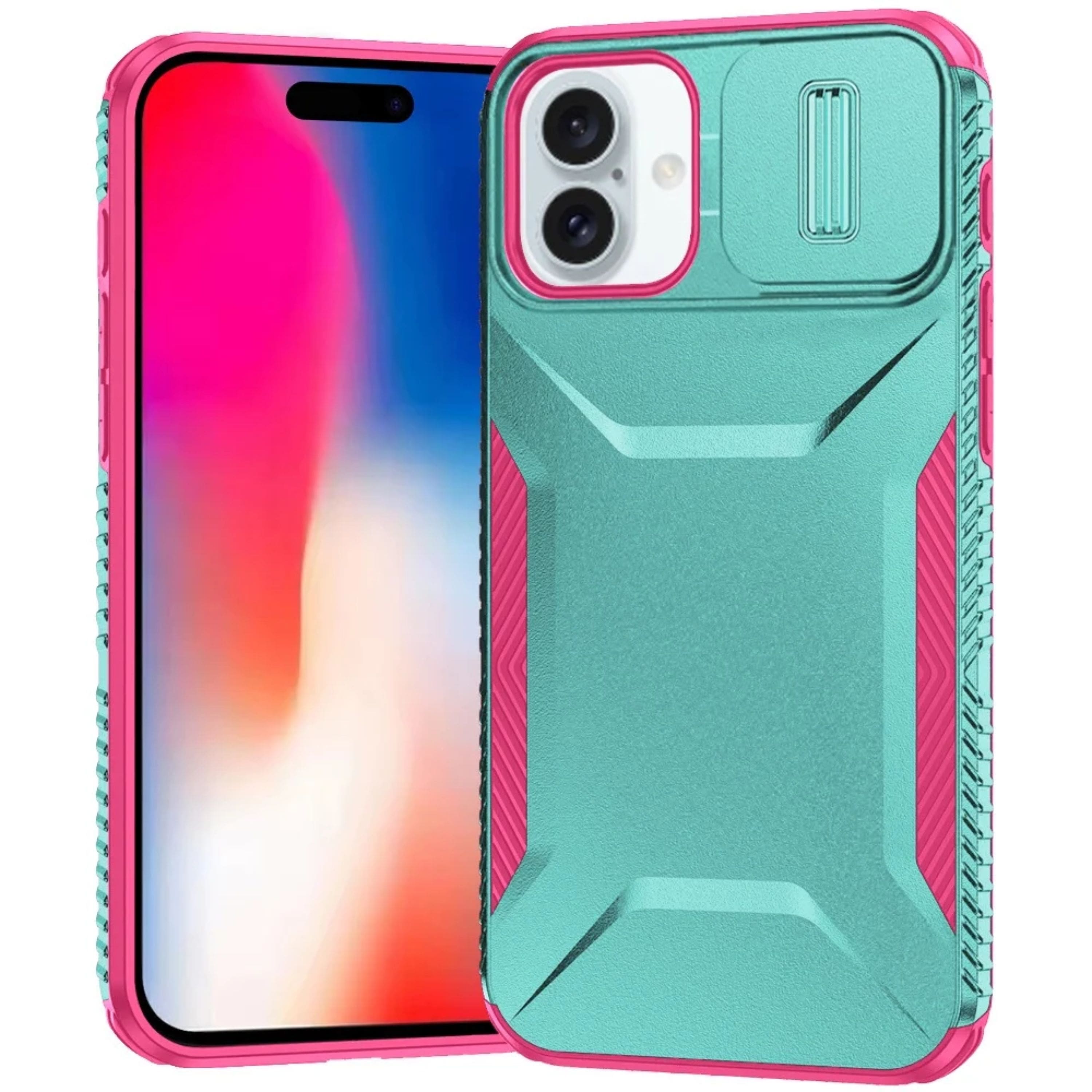 Kitcheniva - Rugged Side Grip Sliding Lens Cover Case With Tempered Glass For iPhone 16 Teal & Pink - Multicolor price history on PriceWatchPro