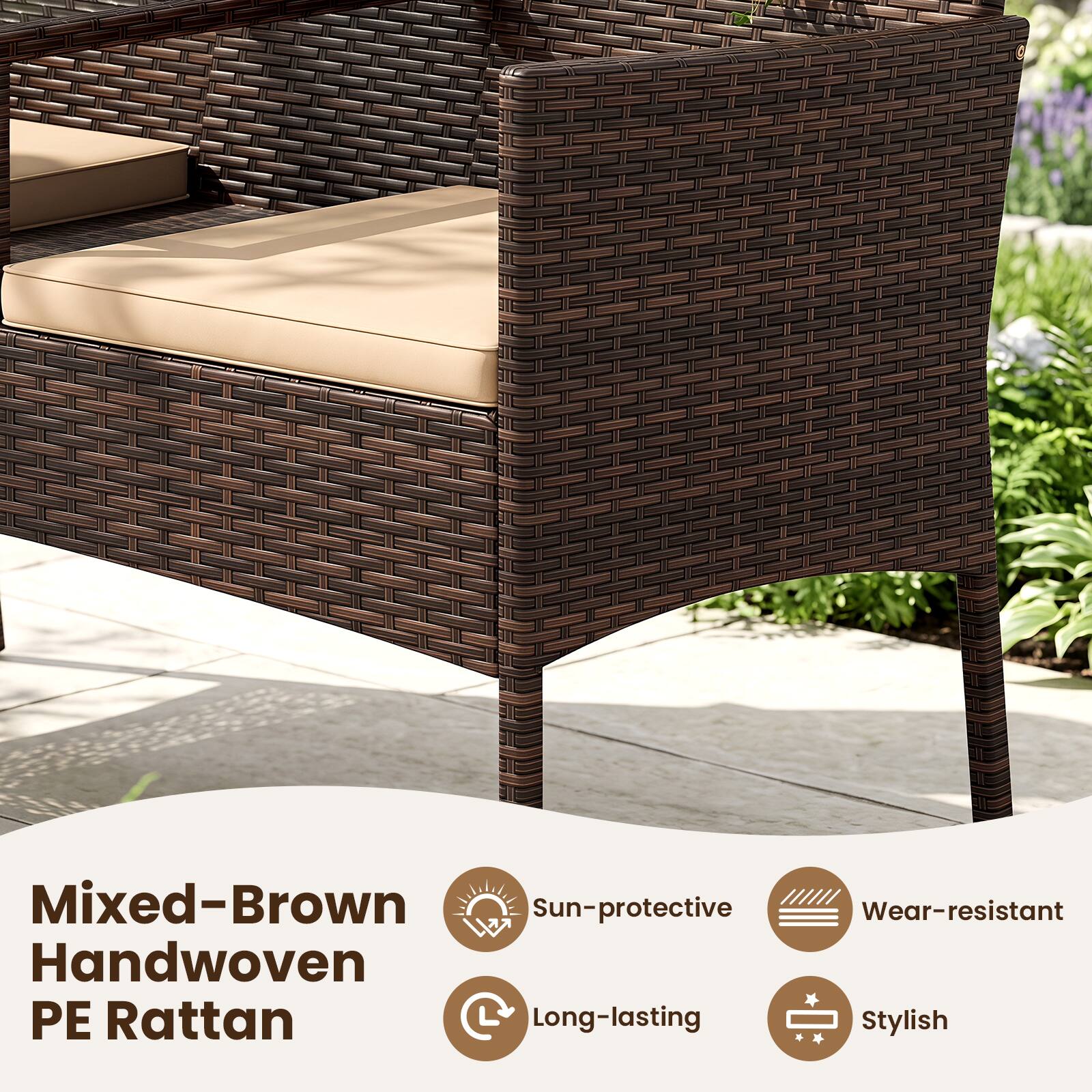Mixed-Brown Handwoven PE Rattan  
Sun-protective  
Wear-resistant  
Long-lasting  
Stylish