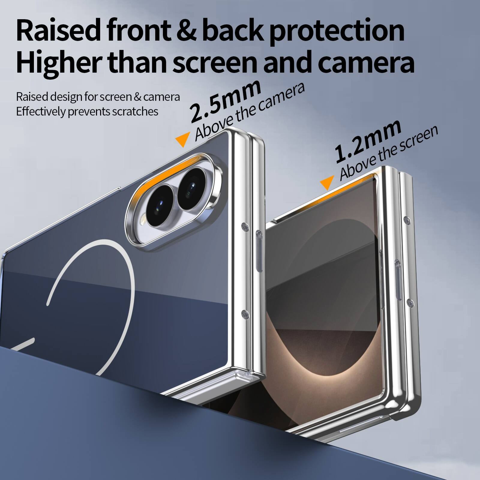 Raised front & back protection  
Higher than screen and camera  

Raised design for screen & camera  
Effectively prevents scratches  

2.5mm  
Above the camera  

1.2mm  
Above the screen