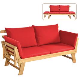 Costway - Patio Convertible Sofa Daybed Solid Wood Adjustable Furniture Thick Cushion - Red