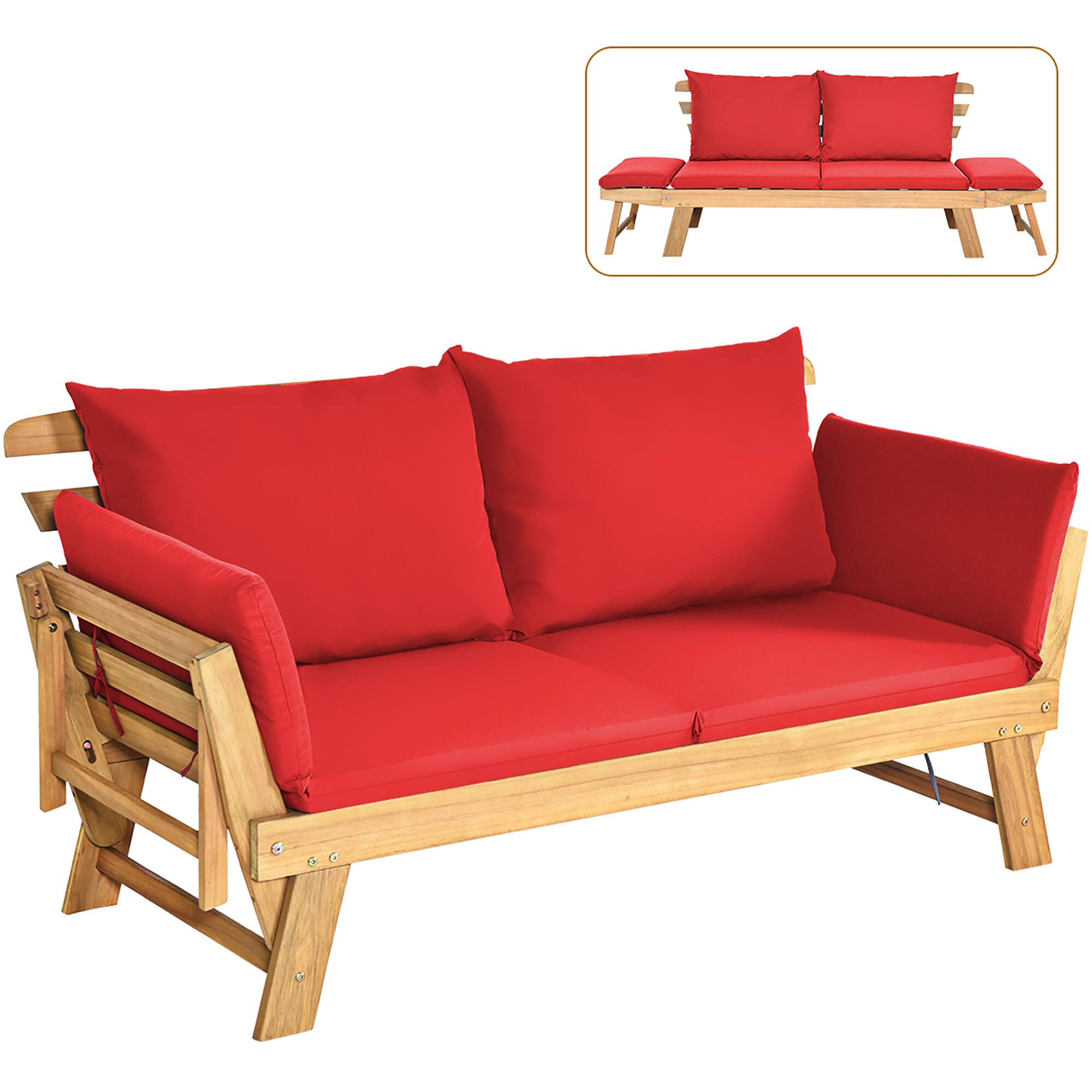 Front. Costway - Costway Patio Convertible Sofa Daybed Solid Wood Adjustable Furniture Thick Cushion - Red.