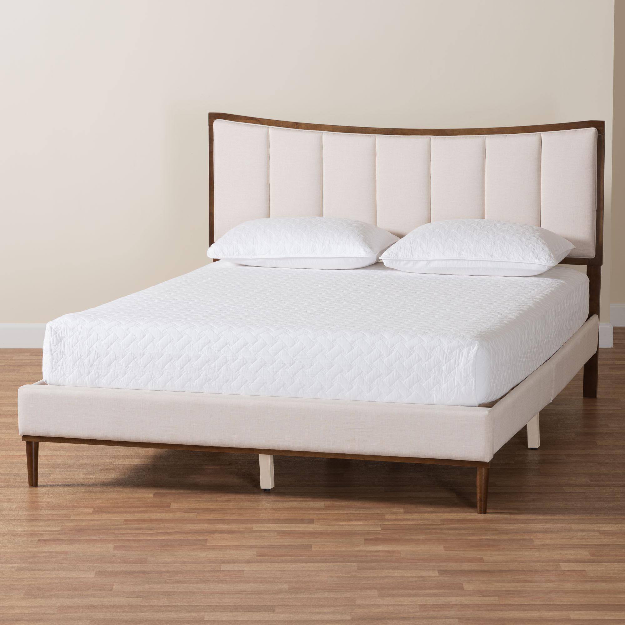 Alt View 4. Baxton Studio - Nikolai Mid-Century Channel Tufted Fabric and Wenge Brown Wood Queen Bed - Beige/Wenge Brown.