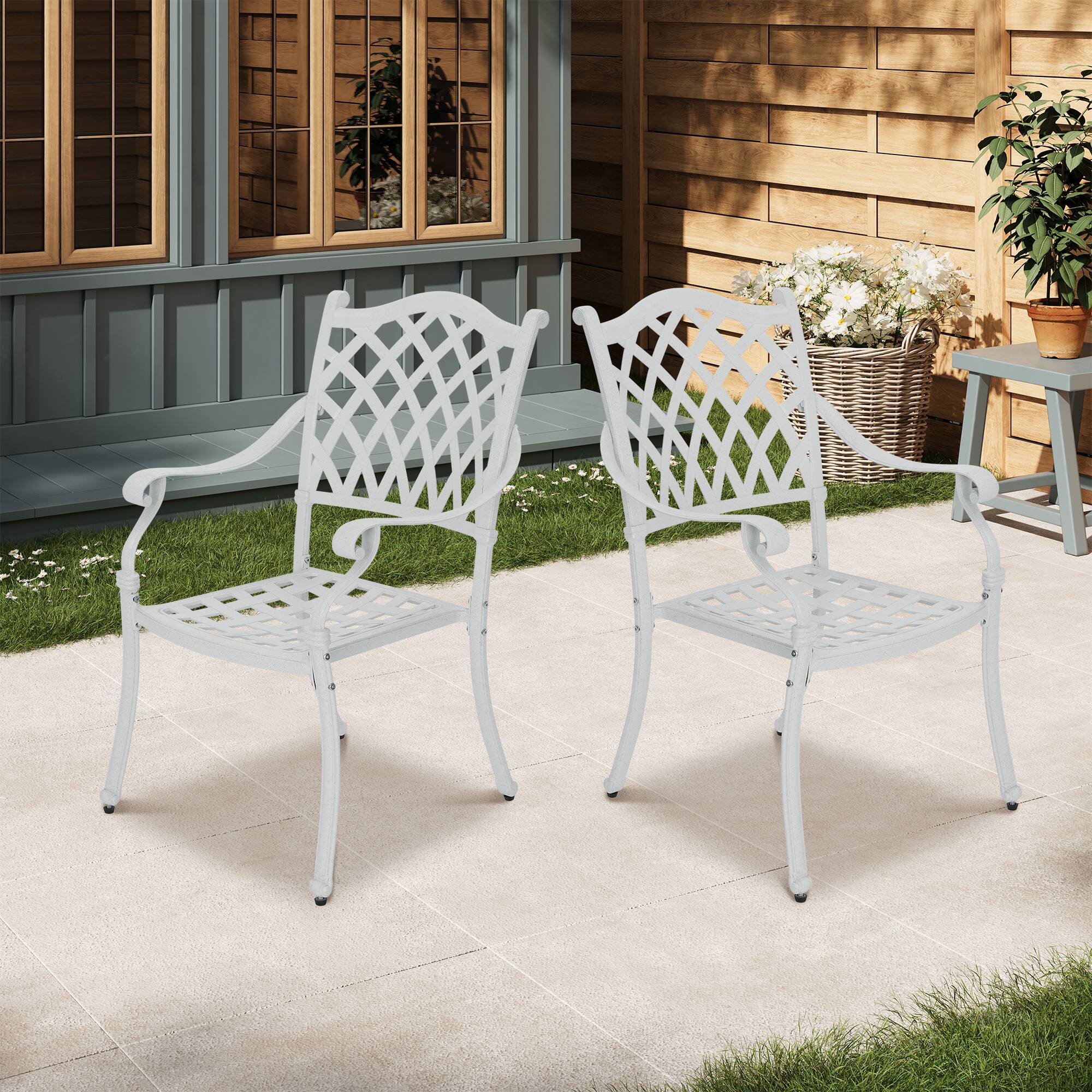 Left. Mondawe - 2 Piece Cast Aluminum Dining Chair with Metal Weave Pattern - White.