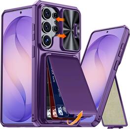 Dteck - Rugged Shockproof Flip Stand RFID Wallet Case Sliding Camera Lens Cover for Samsung Galaxy S26 Ultra - Purple