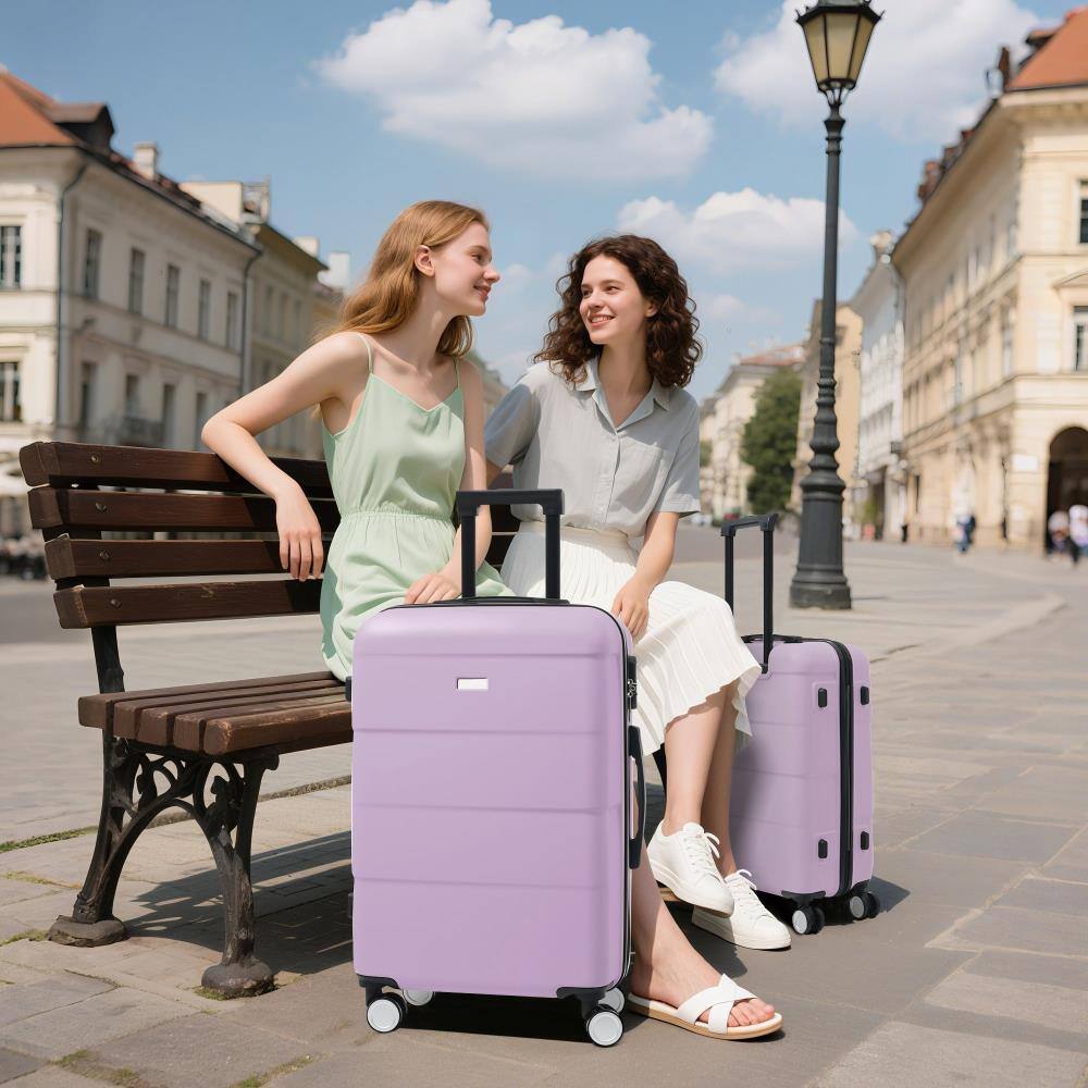 Angle. BreeBe - 3 Piece Hardshell Luggage Set with Double Spinner Wheels, Password Lock, and Telescopic Handle 20'' 24'' 28'' - Pink Purple.