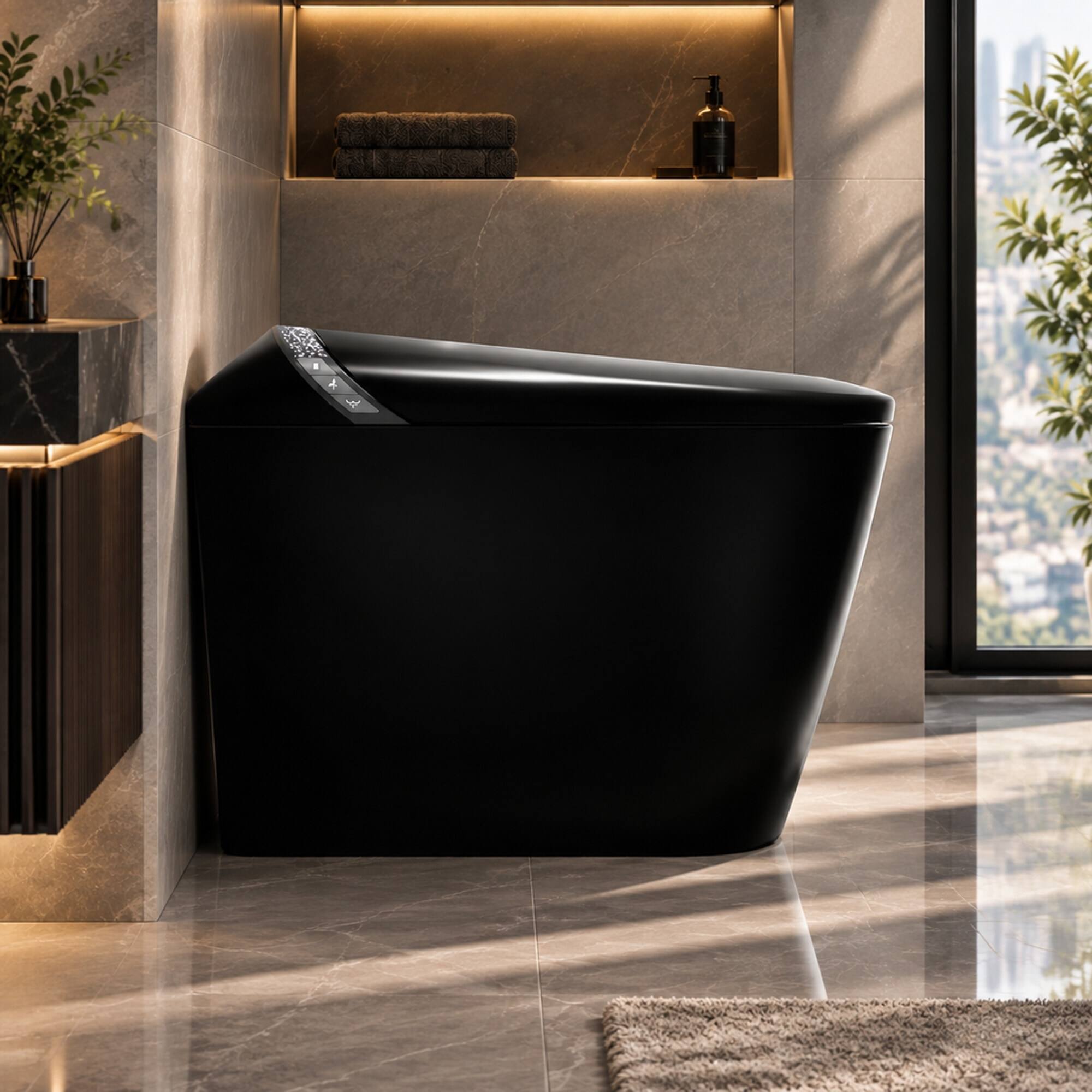Left. RYHNUYNE - Starry Night Light Smart Bidet Toilet, Auto Open Close Seat Foot Sensor LED Display Warm Water Dryer Matte Black - Matte Black.