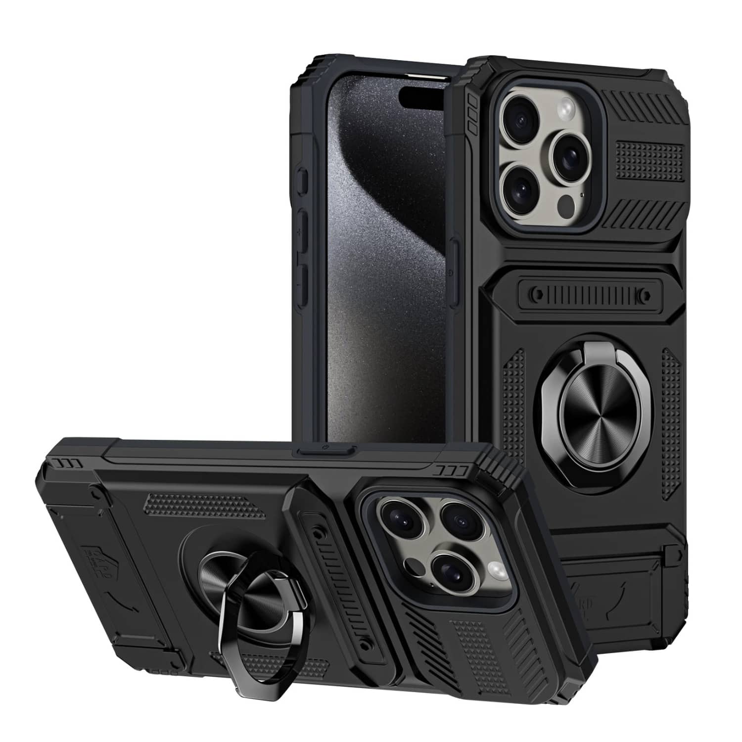 Stock Preferred - Shockproof Magnetic Ring Card Holder Case for iPhone 16 Pro - Black