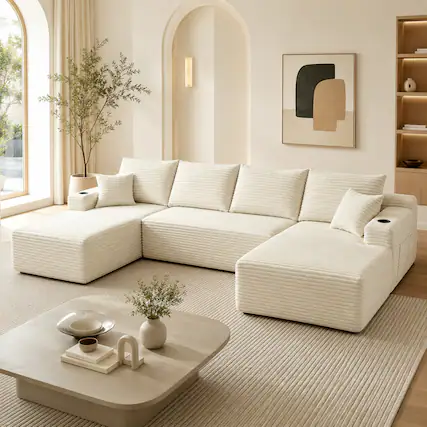 Front. Anysun - 134" Modern Modular Design U-Shape Cloud Sectional Sofa with Side Pockets & Cup Holders, Deep Seating - Beige.