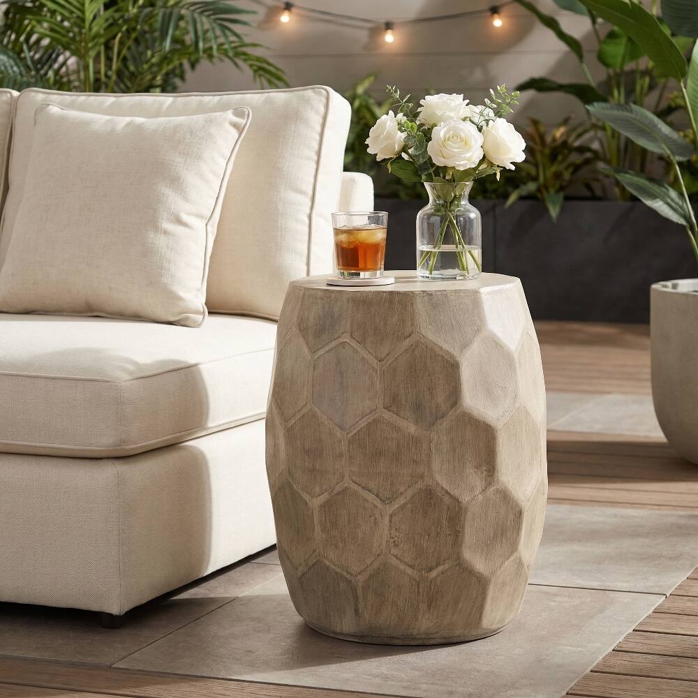Front. Loheer - Loheer Lightweight Concrete Side Table Boho Outdoor End Table - Natural.