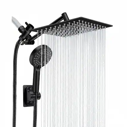 Front. Dazzed Corner - 10" Rain Shower Head Combo, Handheld Spray, Adjustable Arm - Black.