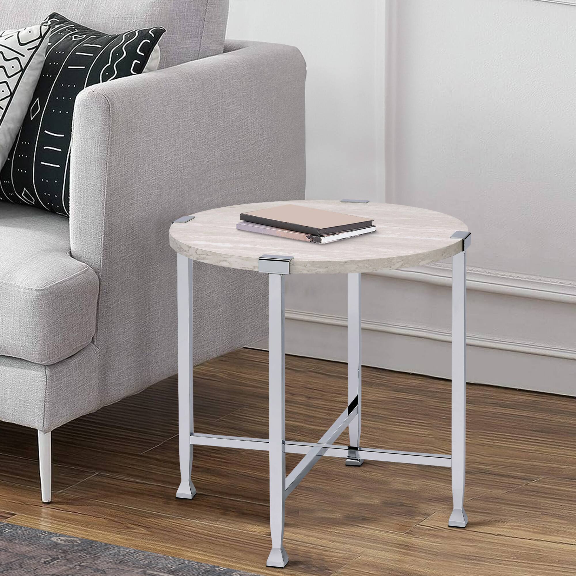 Alt View 5. Manhattan Lane - End Table with X Shaped Metal Base and Round Wooden Top - Silver and Beige.