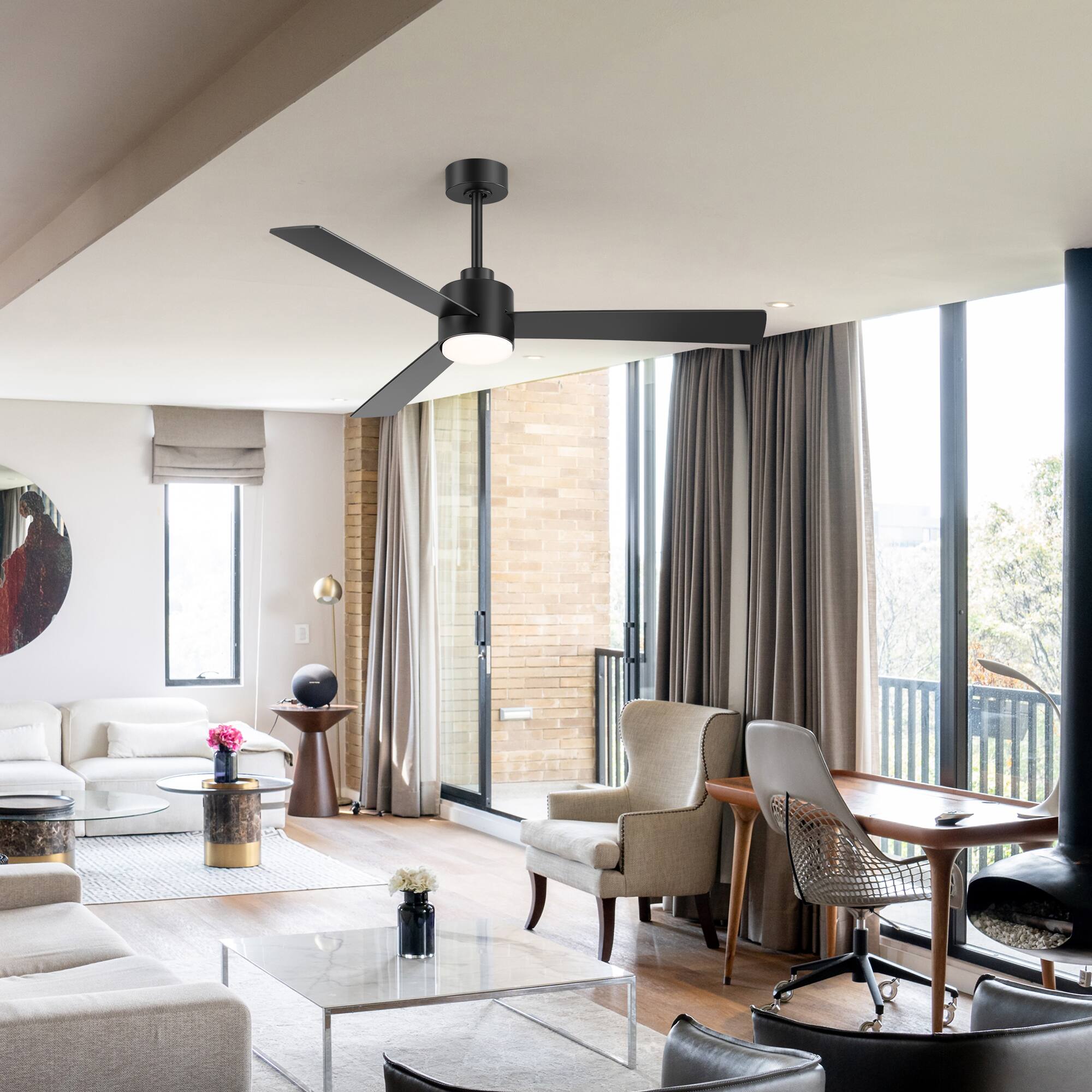 Alt View 10. Breezary - 52" Indoor Ceiling Fan, 3 Plywood Blades, 6-Speed DC Motor, Remote & Timer, 5" & 10" Downrods, LED Light/No Light Option - Black (With Light).