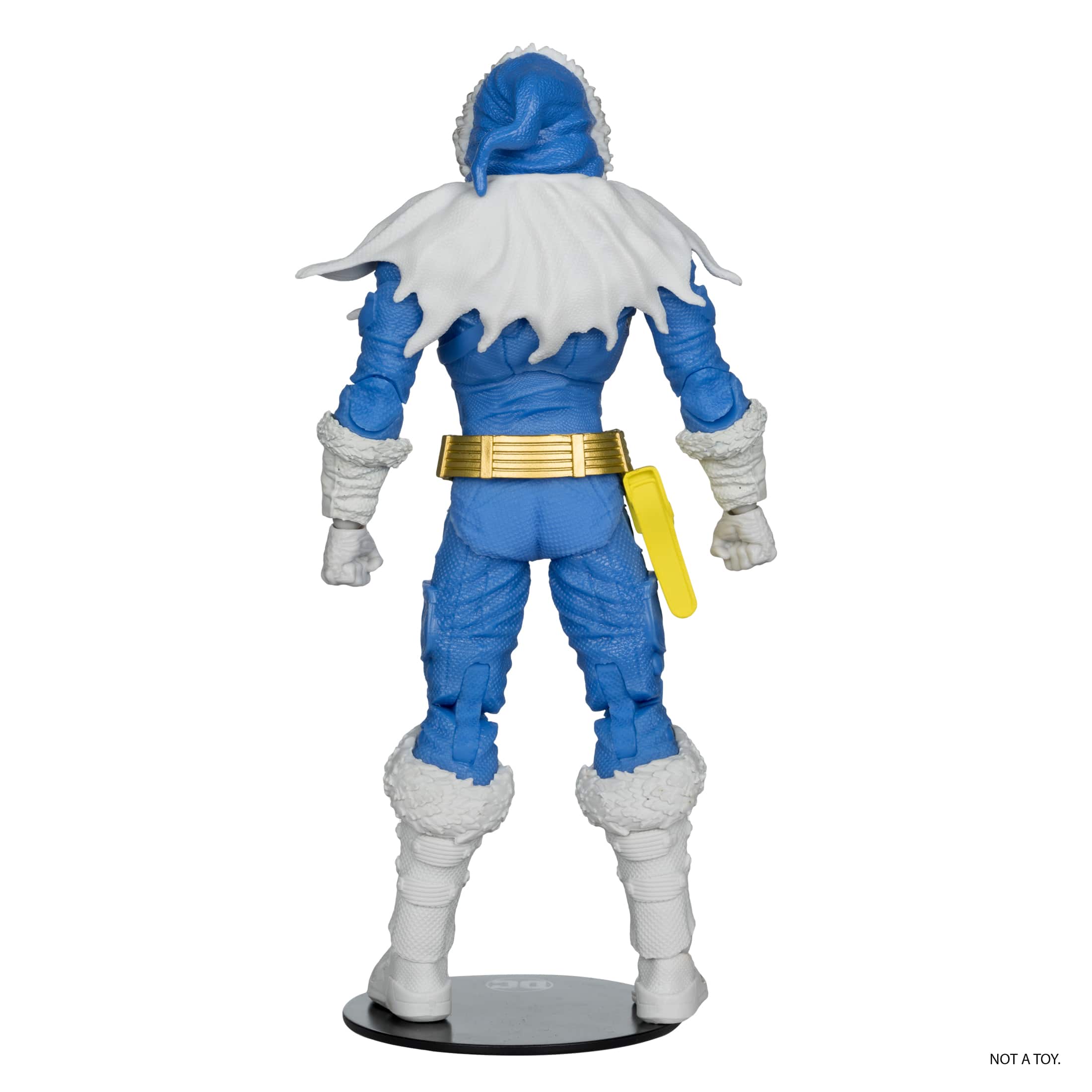 The image shows a blue and white action figure, which is a toy.