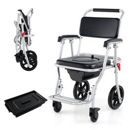 Costway - 4-in-1 Bedside Commode Chair with Brakes, Bucket Footrest Padded Seat & Backrest - Black+ Silver