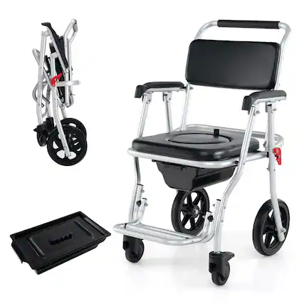 Front. Costway - Costway 4-in-1 Bedside Commode Chair with Brakes, Bucket Footrest Padded Seat & Backrest - Black+ Silver.