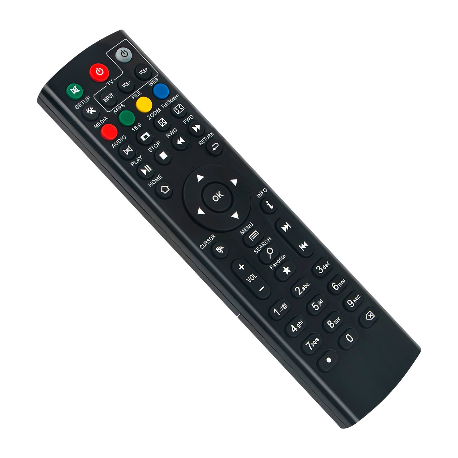 Sure, here is the corrected and grouped text from the image:

**Top Row:**
- VOL+
- TV
- VOL-
- WEB
- FILE
- SETUP
- INFUT
- Full Screen
- APPS
- Full H
- ZOOM
- FWD
- MEDIA
- 16:9
- RWD
- RETURN
- AUDIO
- STOP
- t
- D
- PLAY
- HOME
- OK
- INFO
- CURSOR
- MENU
- SEARCH
- K
- Favorite
- 3d def
- VOL me
- 2 abc
- 6 jal
- 9 wIyZ
- B
- 5
- 1 ghi
- 8 tuv
- 4 pars
- 0

**Left Side:**
- SET UP
- INPUT
- MEDIA
- AUDIO
- PLAY
- HOME

**Right Side:**
- VOL+
- VOL-
- 1:00
- 4 ghi
- 7 pqrs
- 0
- 3 def
- 6 mno
- 9 wxyz
- 2 abc
- 5