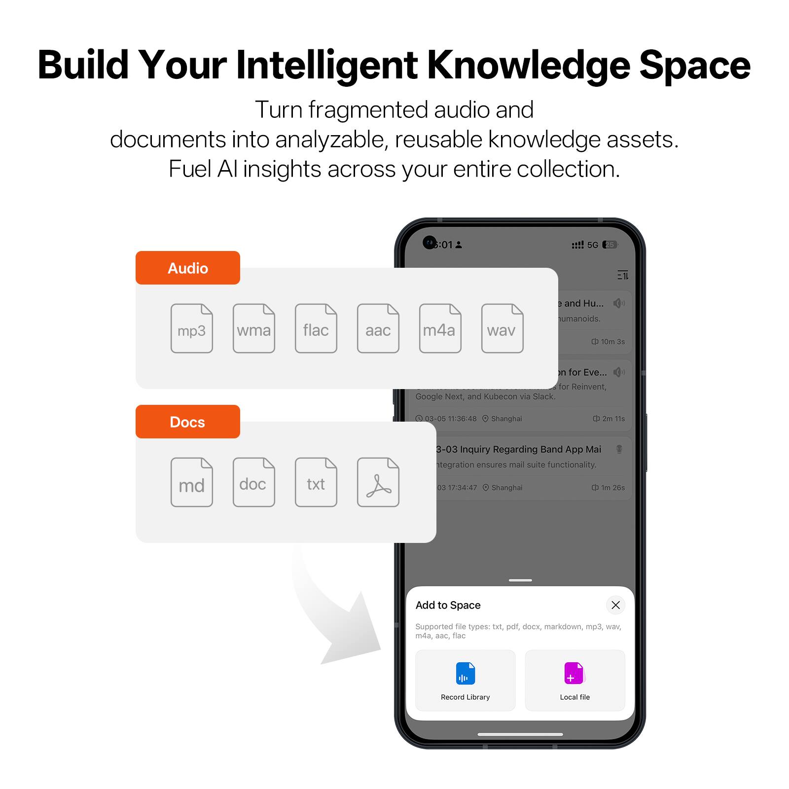 Build Your Intelligent Knowledge Space  
Turn fragmented audio and documents into analyzable, reusable knowledge assets. Fuel AI insights across your entire collection.

Audio: mp3, wma, flac, aac, m4a, wav  
Docs: md, doc, txt, odt, dcx, markdown

Supported file types: txt, pdf, docx, markdown, mp3, wav, m4a, aac, flac

Add to Space  
Record Library  
Local file