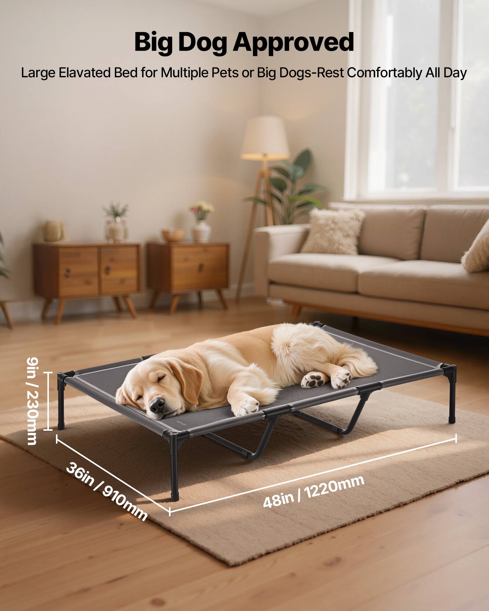 Big Dog Approved  
Large Elevated Bed for Multiple Pets or Big Dogs - Rest Comfortably All Day  

9in / 230mm  
36in / 910mm  
48in / 1220mm