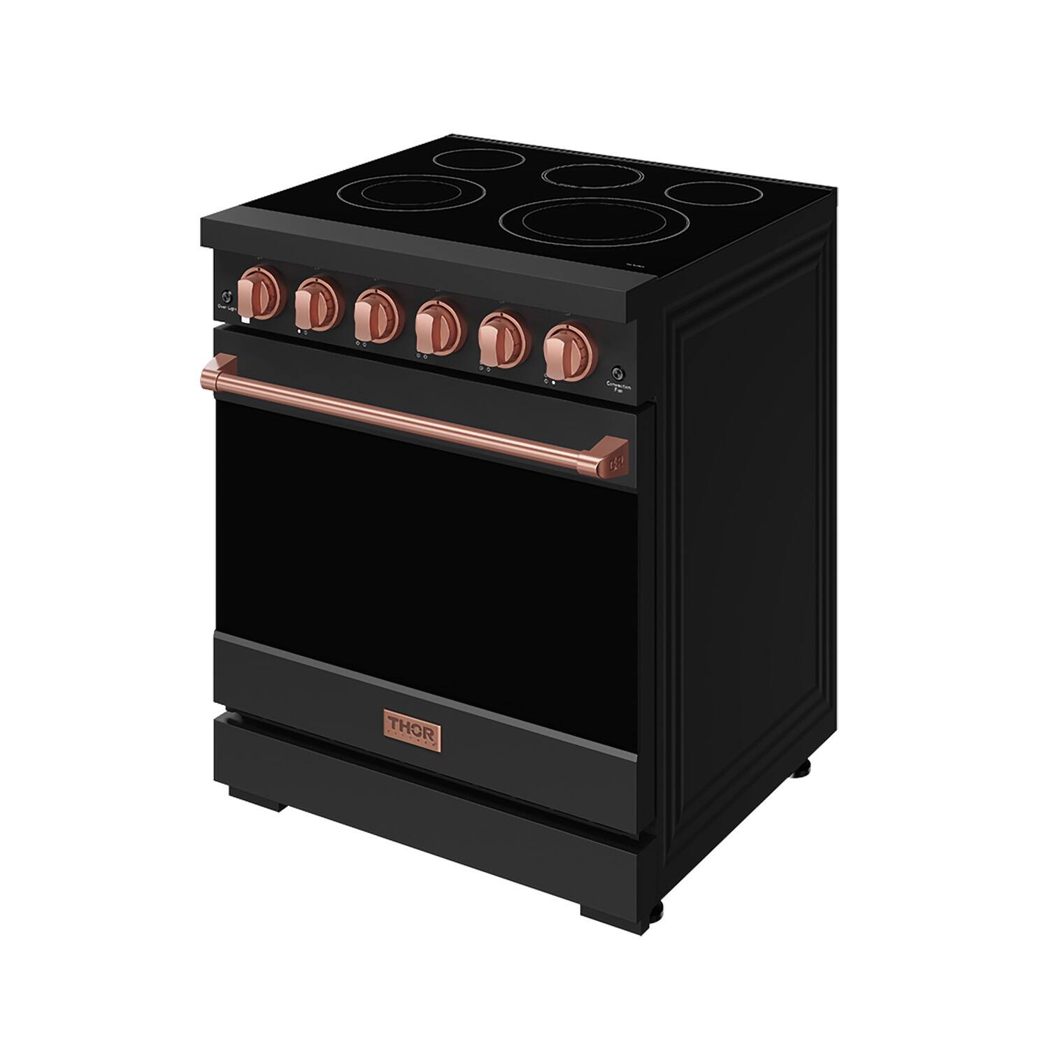 Left. Thor Kitchen - Gordon Ramsay Series by Thor Kitchen 4.55 Cu. Ft Freestanding Electric Range with Rose Gold Hardware - Matte Black.