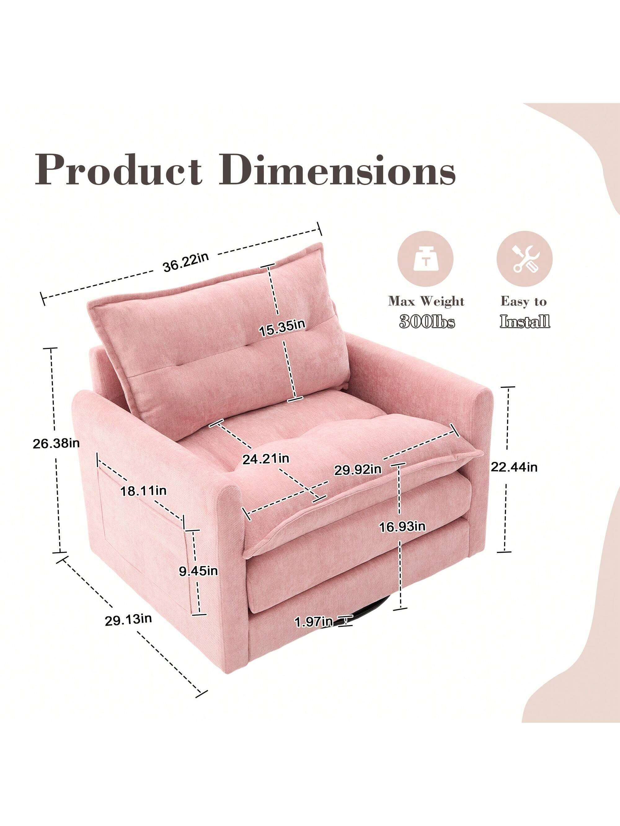 Product Dimensions  
- Length: 36.22in  
- Width: 26.38in  
- Height: 29.13in  
- Seat Height: 15.35in  
- Seat Depth: 24.21in  
- Armrest Height: 29.92in  
- Armrest Width: 22.44in  
- Back Height: 16.93in  
- Cushion Thickness: 9.45in  
- Base Thickness: 1.97in  

Max Weight: 300lbs  
Easy to Install