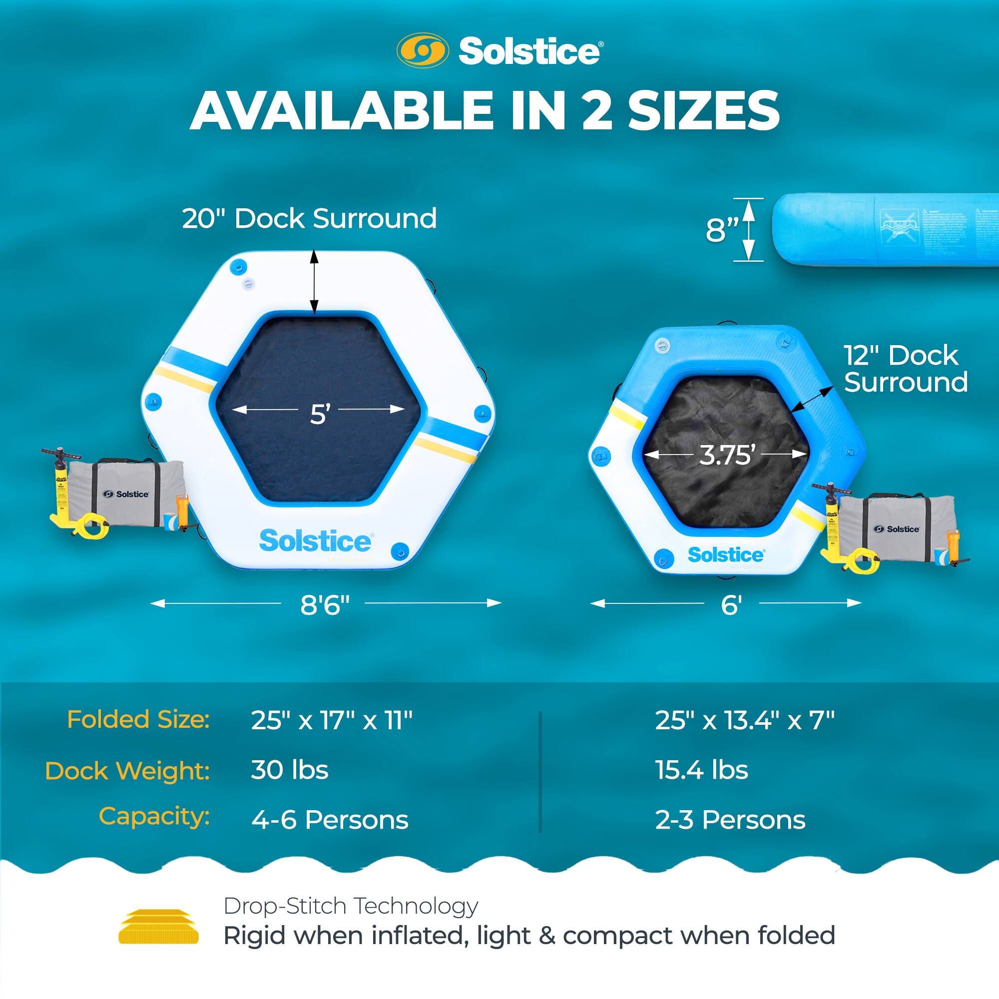 Solstice AVAILABLE IN 2 SIZES

20" Dock Surround  
8"  
5'  
3.75'  
12" Dock Surround  
8'6"  
6'  

Folded Size:  
25" X 17" X 11"  
25" X 13.4" X 7"  

Dock Weight:  
30 lbs  
15.4 lbs  

Capacity:  
4-6 Persons  
2-3 Persons  

Drop-Stitch Technology  
Rigid when inflated, light & compact when folded