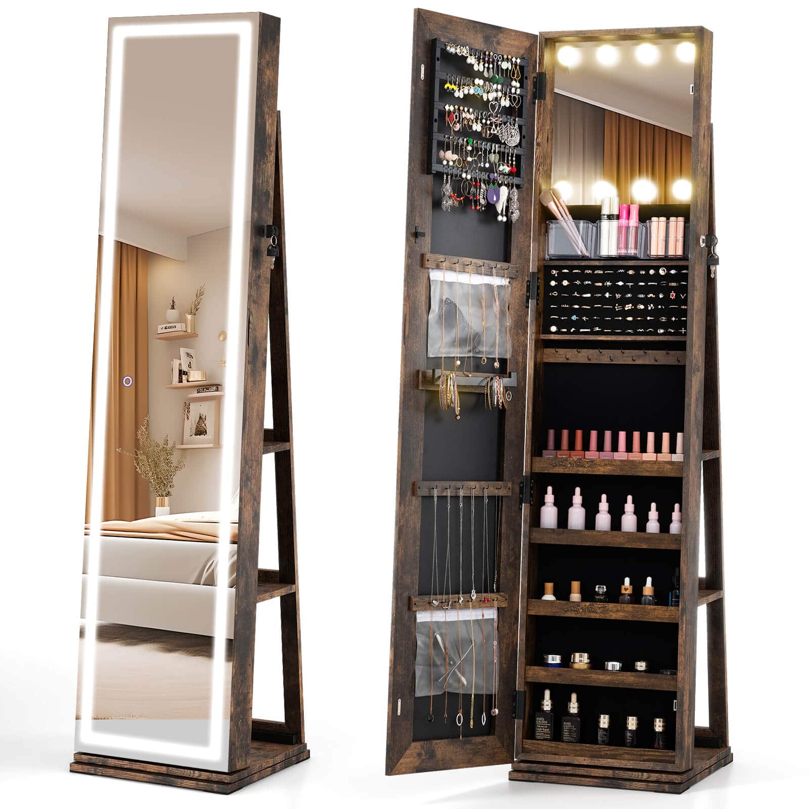 Costway - 360° Swivel Jewelry Cabinet with Lighted Full Length Mirror & Back Shelves, Lights - Brown