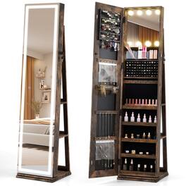 Costway - 360° Swivel Jewelry Cabinet with Lighted Full Length Mirror & Back Shelves, Lights - Brown