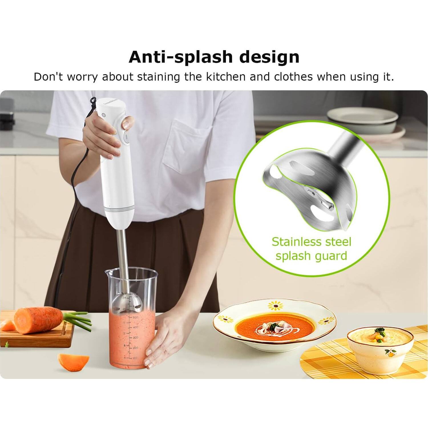 Anti-splash design  
Don't worry about staining the kitchen and clothes when using it.  
Stainless steel splash guard