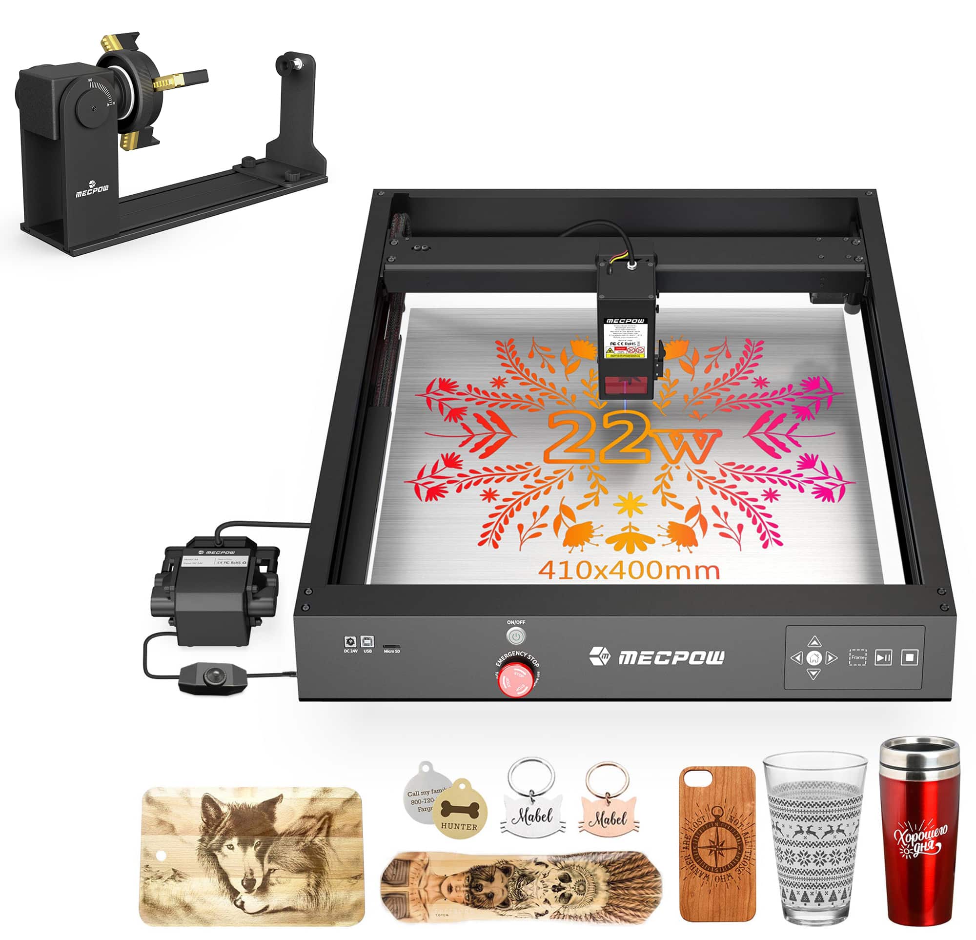 Mecpow - X4 Laser Engraver & G5 Rotary Roller Module Combo Set, High-Speed Cutting & Precision Engraving for Wood Metal Acrylic