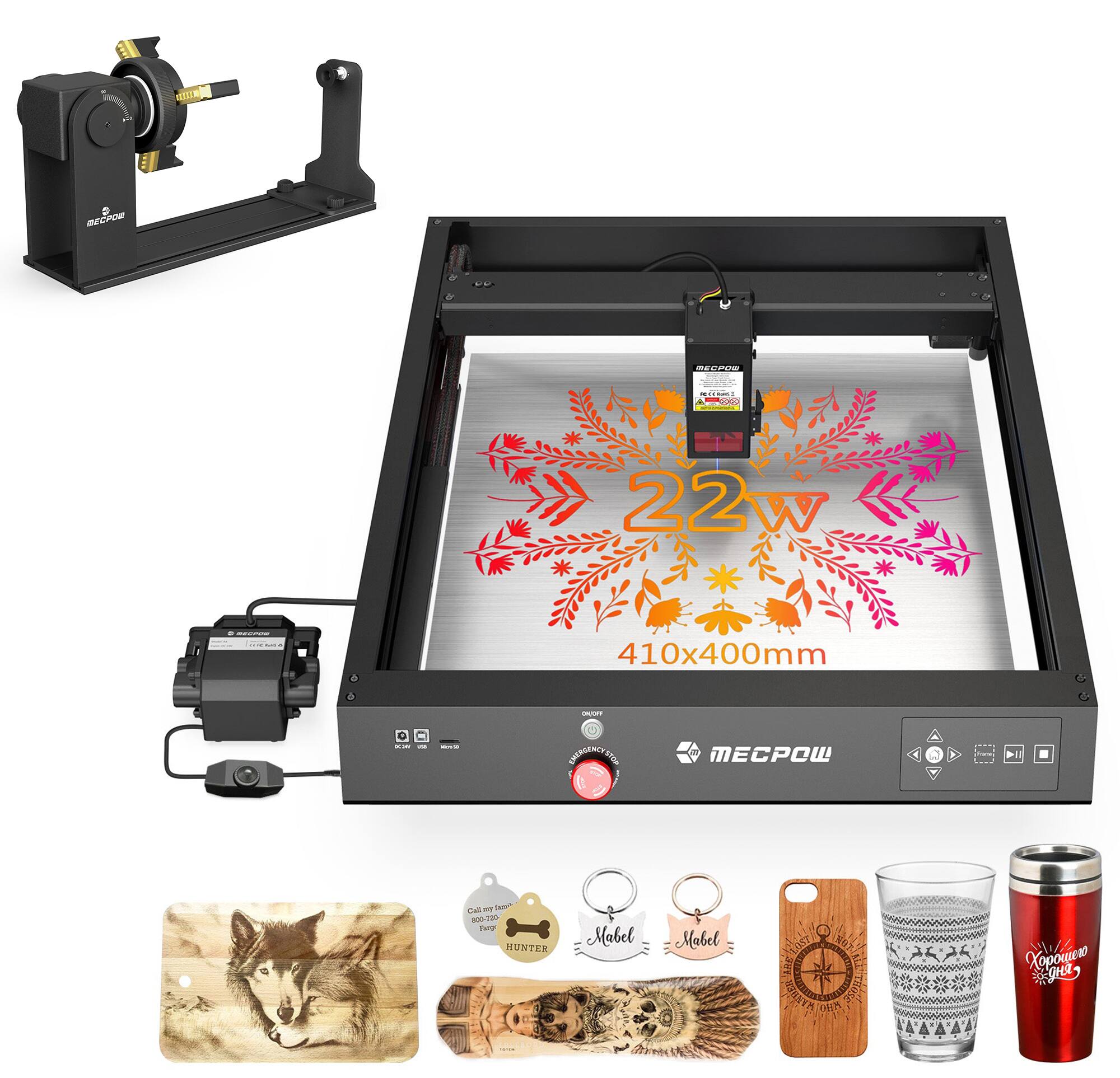 Mecpow - X4 Laser Engraver & G5 Rotary Roller Module Combo Set, High-Speed Cutting & Precision Engraving for Wood Metal Acrylic