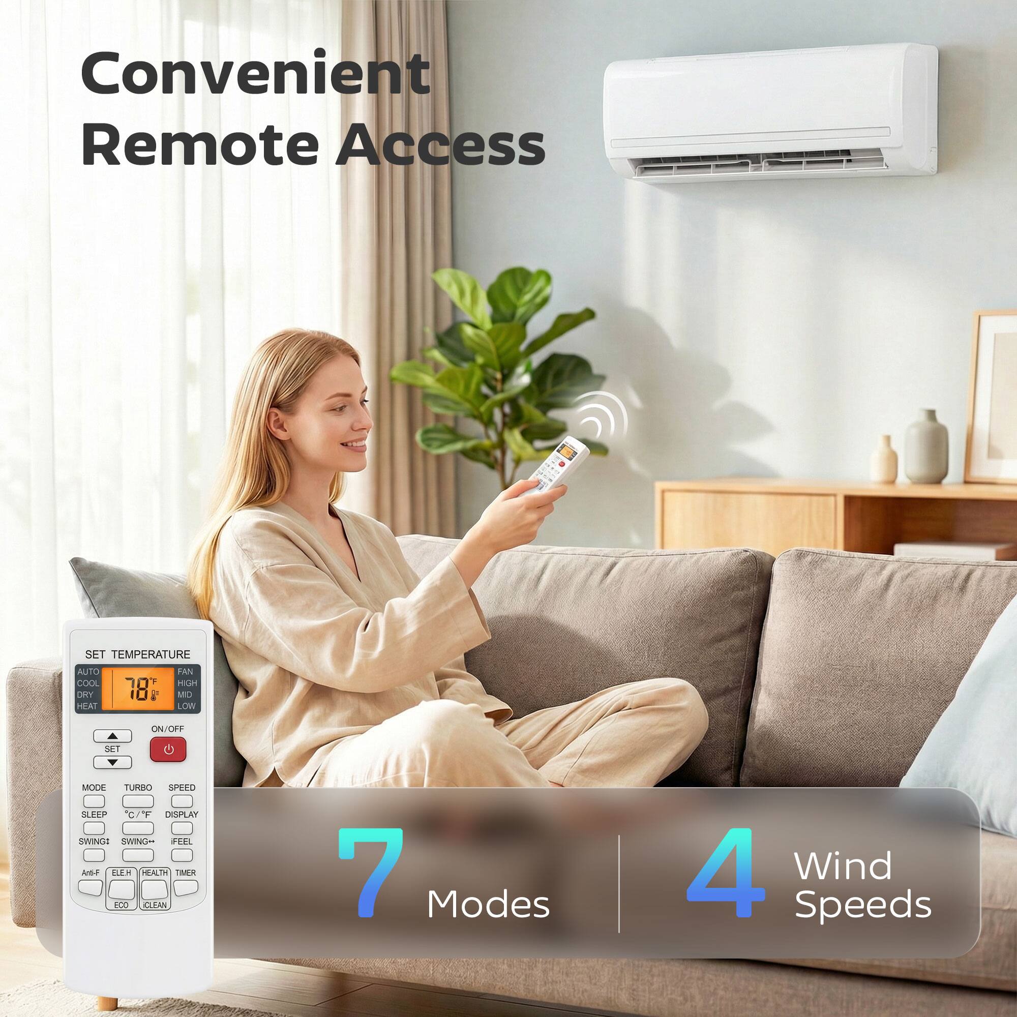 Convenient Remote Access

SET TEMPERATURE AUTO COOL OR HEAT

18 - 30°F

FAN HH MI LOW ON/OFF SET MODE TURBO SPEED SLEEP C/T COPLAY SWINGS SWING-7

7 Modes 4 Wind Speeds