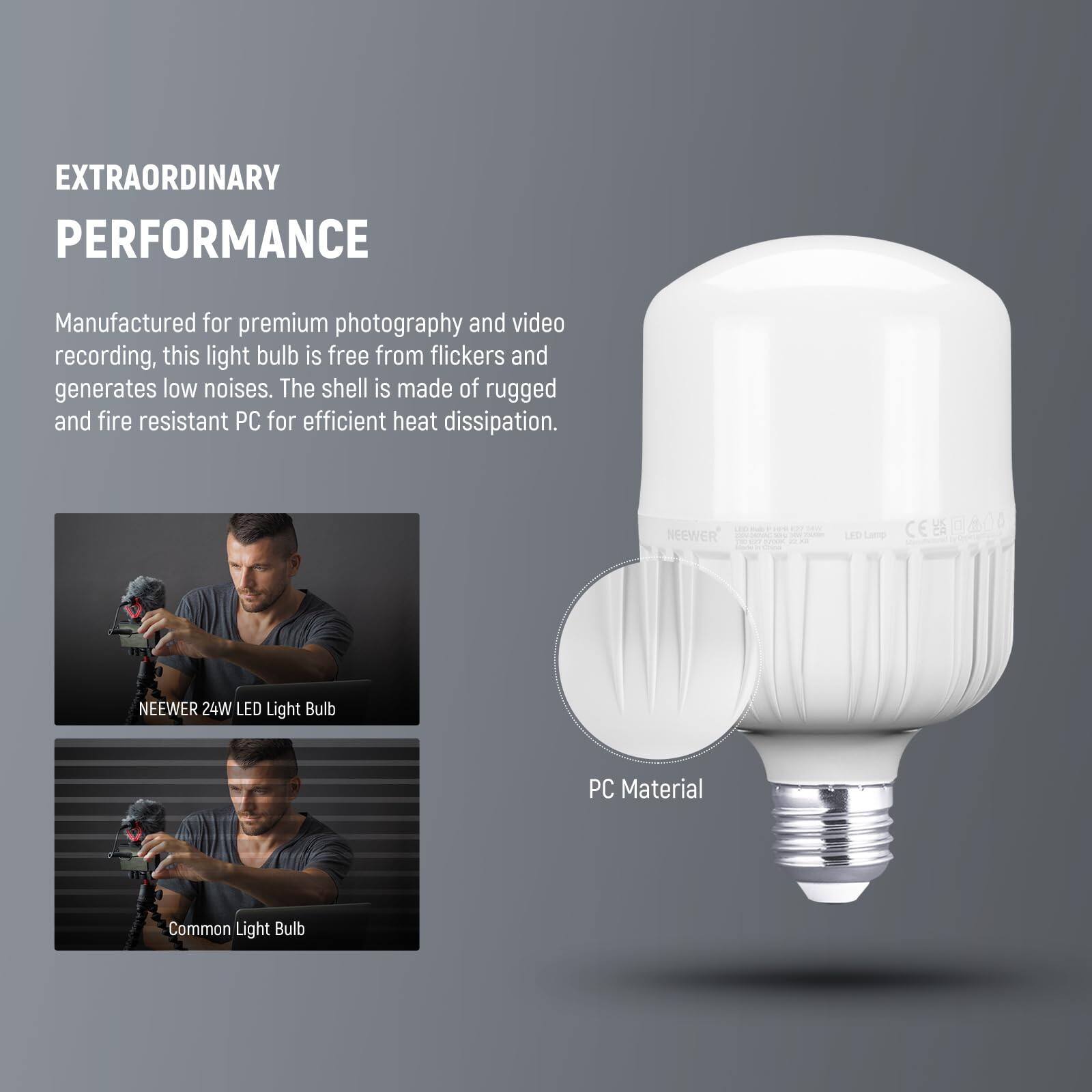 EXTRAORDINARY PERFORMANCE

Manufactured for premium photography and video recording, this light bulb is free from flickers and generates low noises. The shell is made of rugged and fire resistant PC for efficient heat dissipation.

NEEWER 24W LED Light Bulb

PC Material

Common Light Bulb