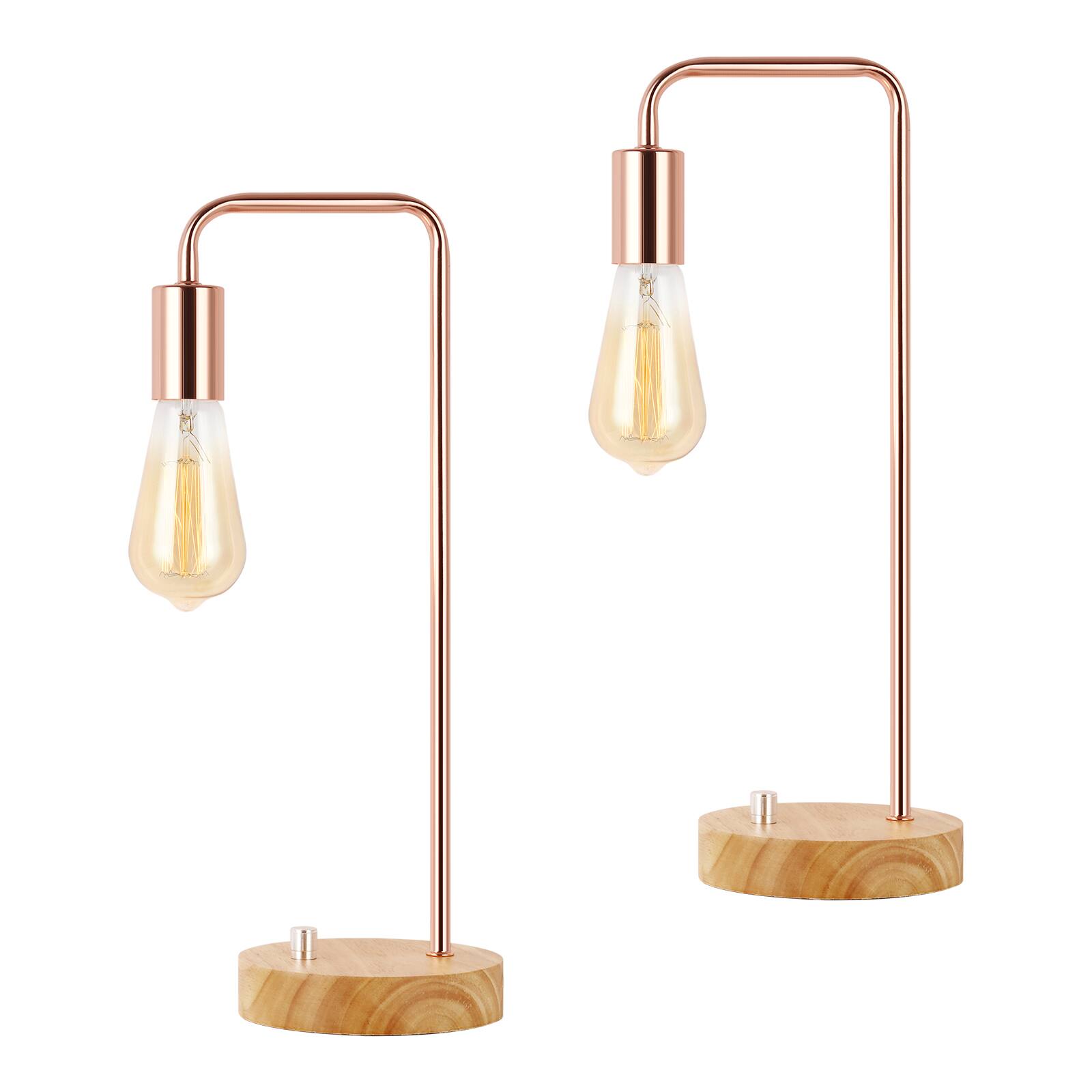Oumilen - Vintage Industrial Table Lamp with Wooden Base - Rose Gold Metal Nightstand Lamp for Bedroom Girls Room Office