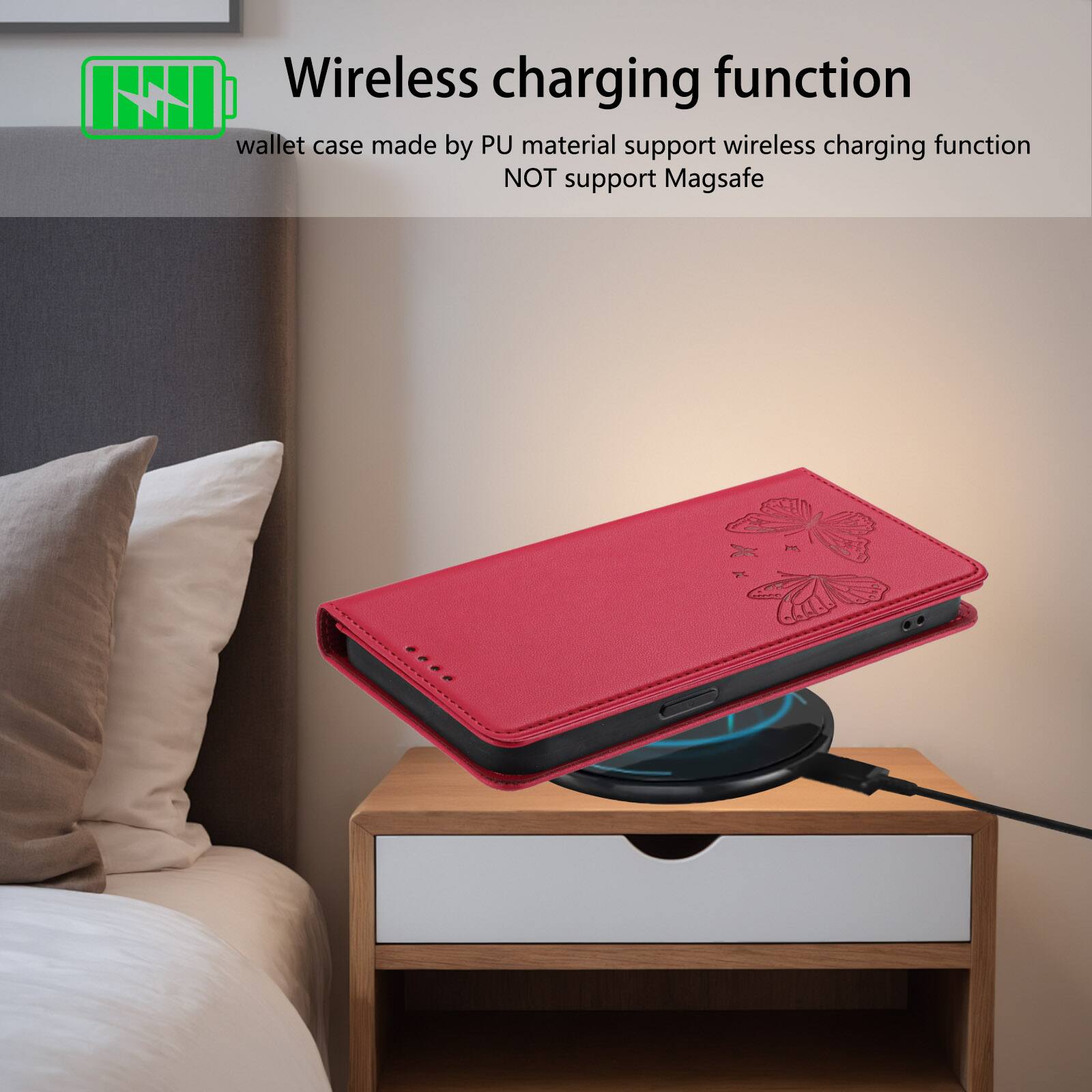 Wireless charging function

wallet case made by PU material support wireless charging function NOT support Magsafe