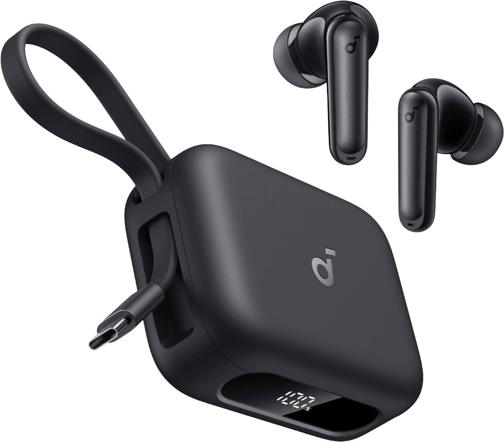 Left. Soundcore - by Anker P41i Bluetooth Wireless In Ear Earbuds with Portable USB-C Phone Charger (With Lightning Adapter) - Black.