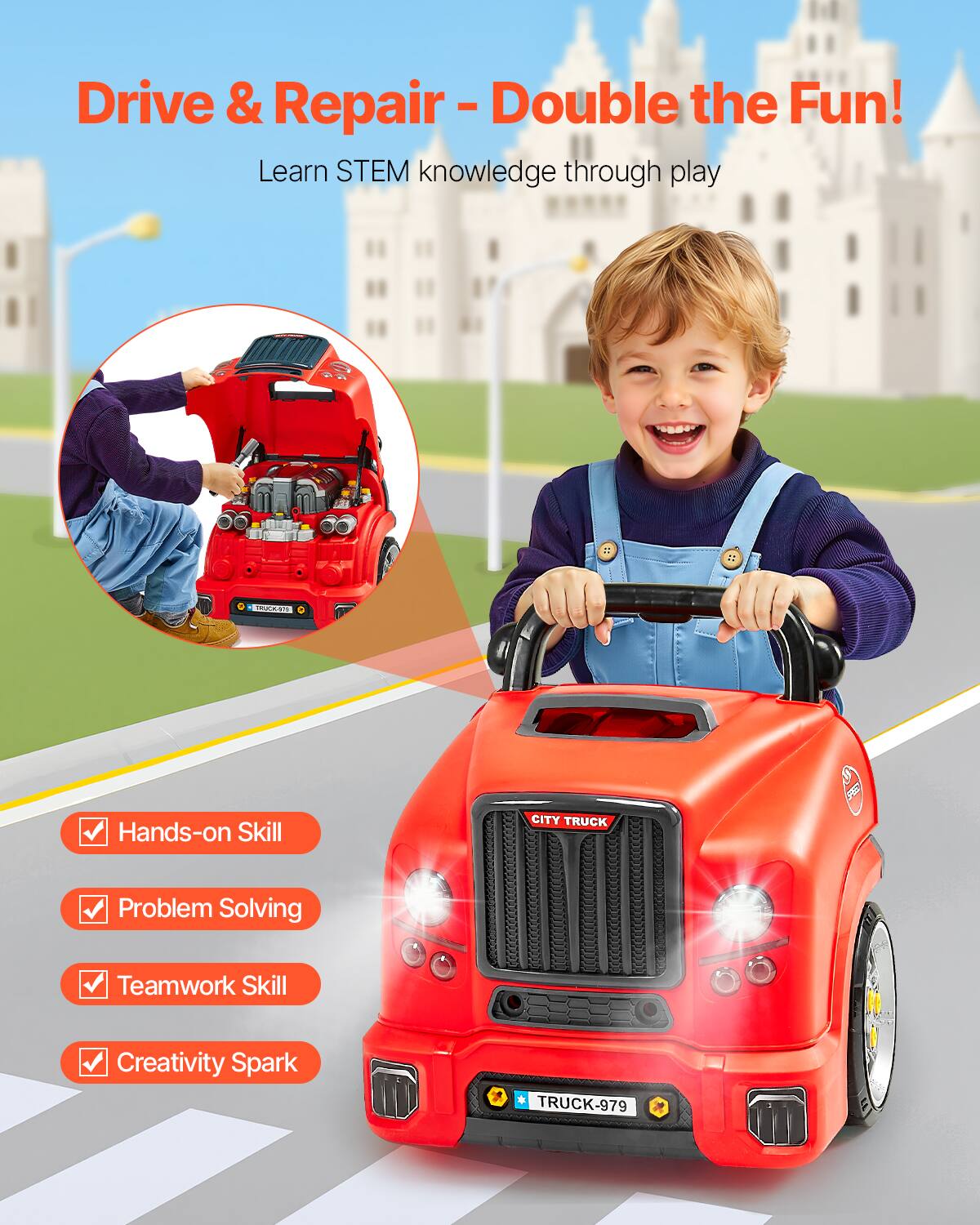Drive & Repair - Double the Fun!  
Learn STEM knowledge through play  

- Hands-on Skill  
- Problem Solving  
- Teamwork Skill  
- Creativity Spark  

CITY TRUCK  
TRUCK-979