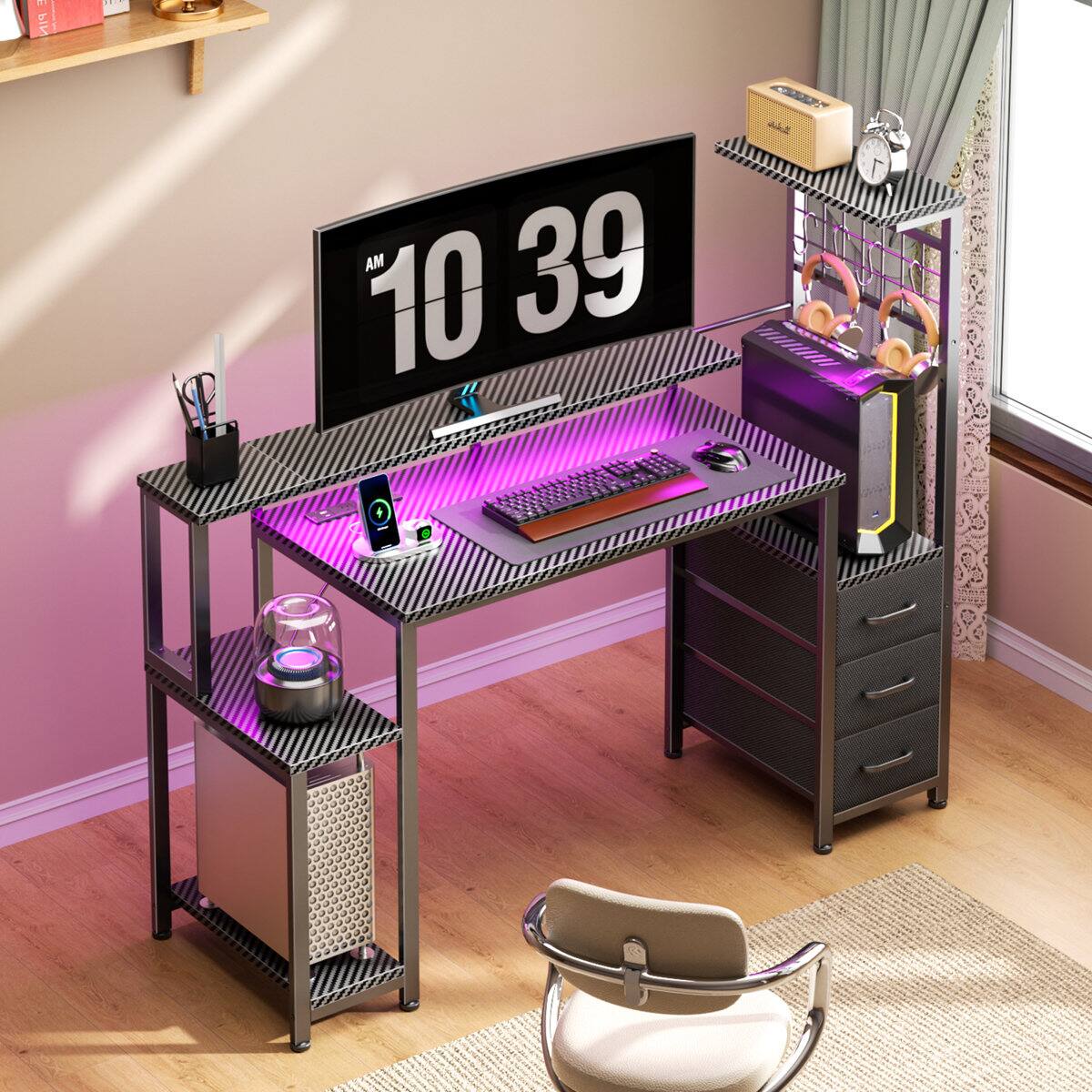 Alt View 7. Furnulem - 48 Inch Gaming Desk with Power Outlets Fabric Drawers CPU Stand LED Lights  Hooks for Home Office - Black.