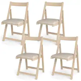 Costway - Folding Dining Chair Set of 4 Rubber Wood Frame for Dining Room - Beige