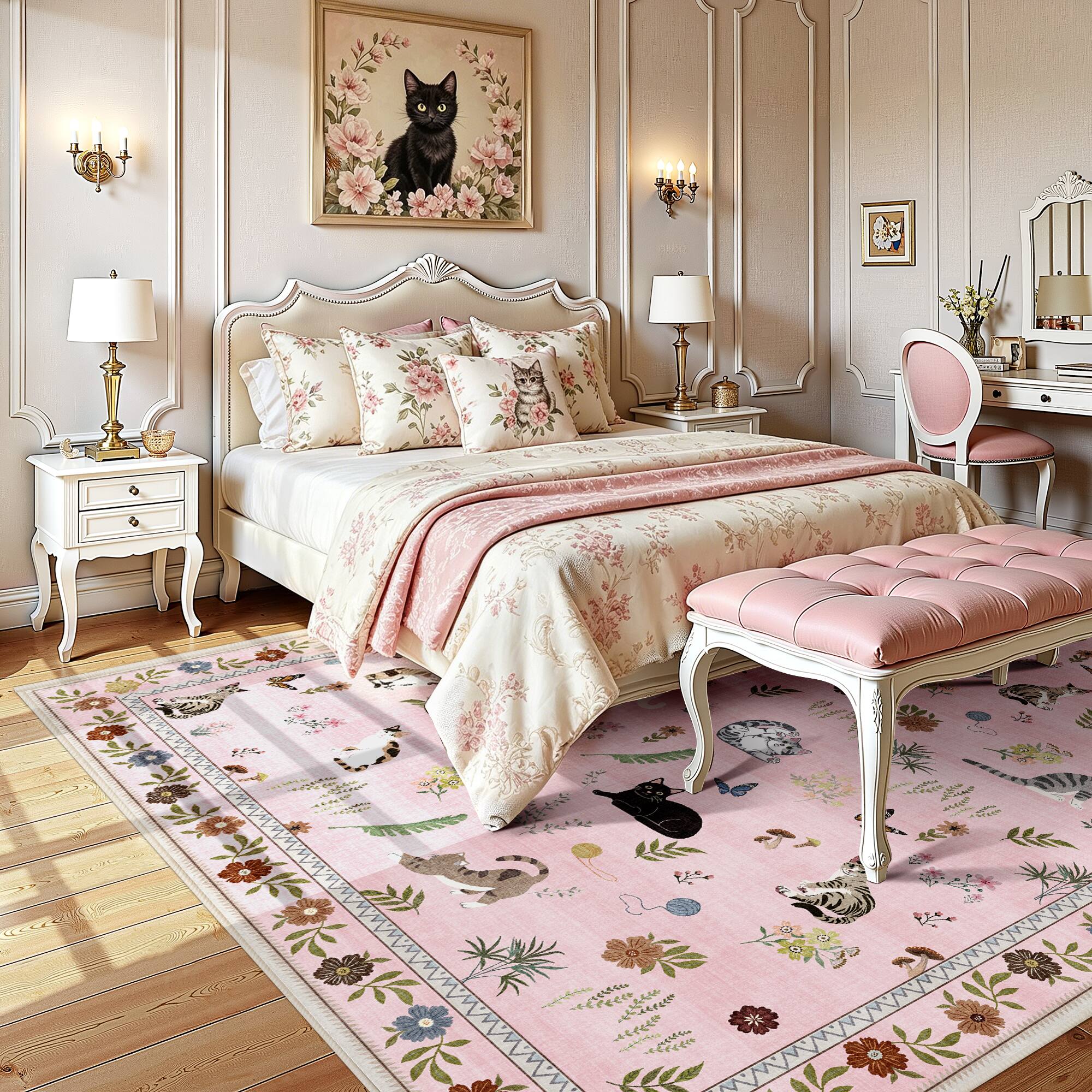 Alt View 3. KERDOM - 8x10' Extra Large Area Rug, Cat-Themed Floral Carpet for Living Room & Master Bedroom, Rubber Backing, Machine Washable - Pink.