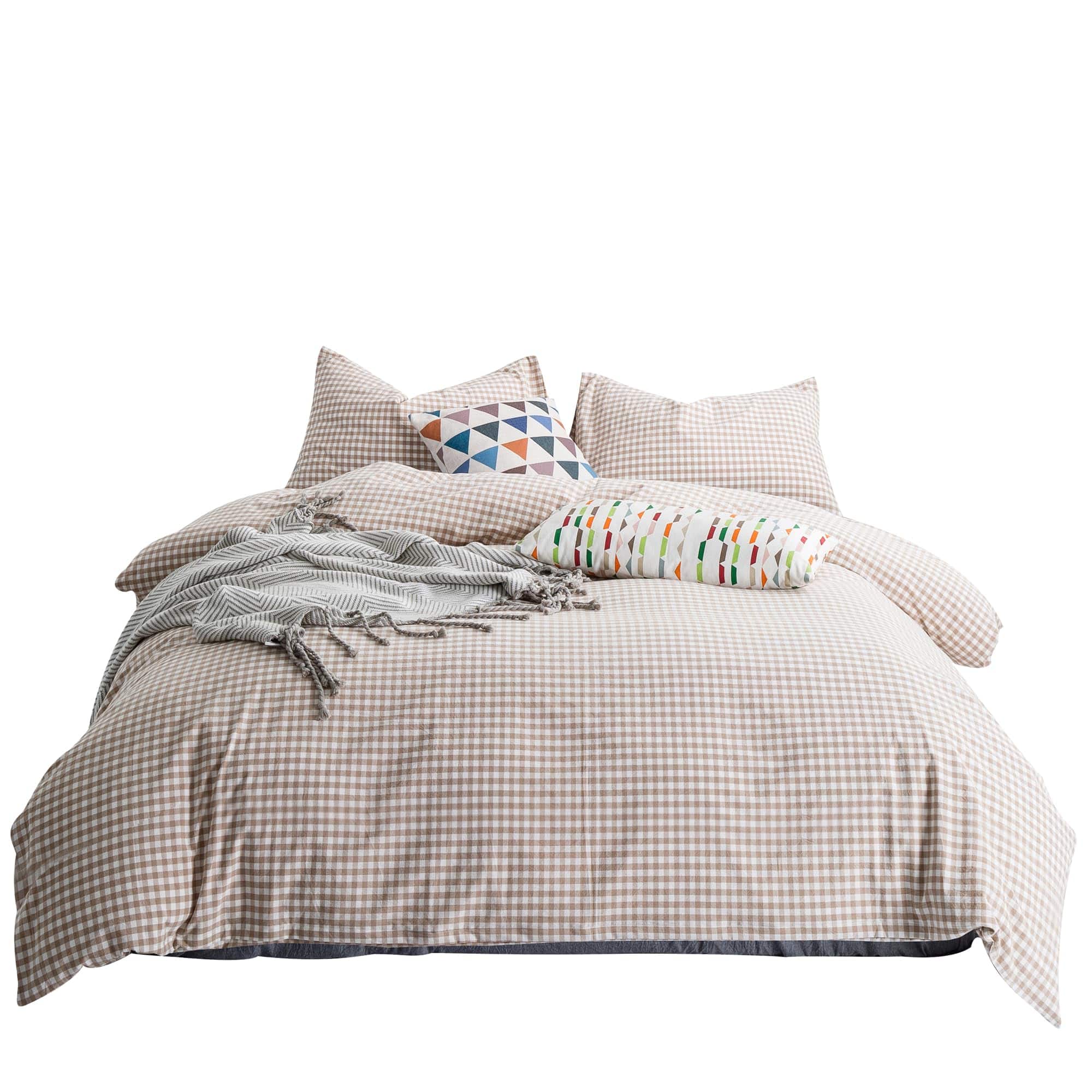 Earthley Blooms - Checkered Duvet Cover Queen Washed Cotton Plaid 3 Set 1 Classic Grid With Zipper Ties 2 Pillowcases Farmhouse - Tan Gingham-Queen