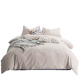 Earthley Blooms - Checkered Duvet Cover Queen Washed Cotton Plaid 3 Set 1 Classic Grid With Zipper Ties 2 Pillowcases Farmhouse - Tan Gingham-Queen